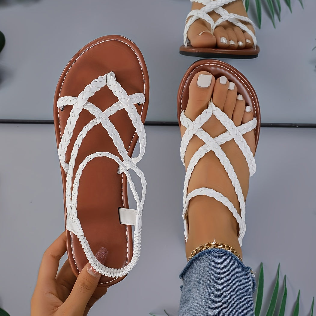 Flat Heel Womens Braided Thong Sandals - Comfortable Elastic Ankle Strap, Lightweight Faux Leather Upper, Rubber Sole, Pull-On Closure, Open Toe, Solid Color, Perfect for Summer Beach and Casual Occasions